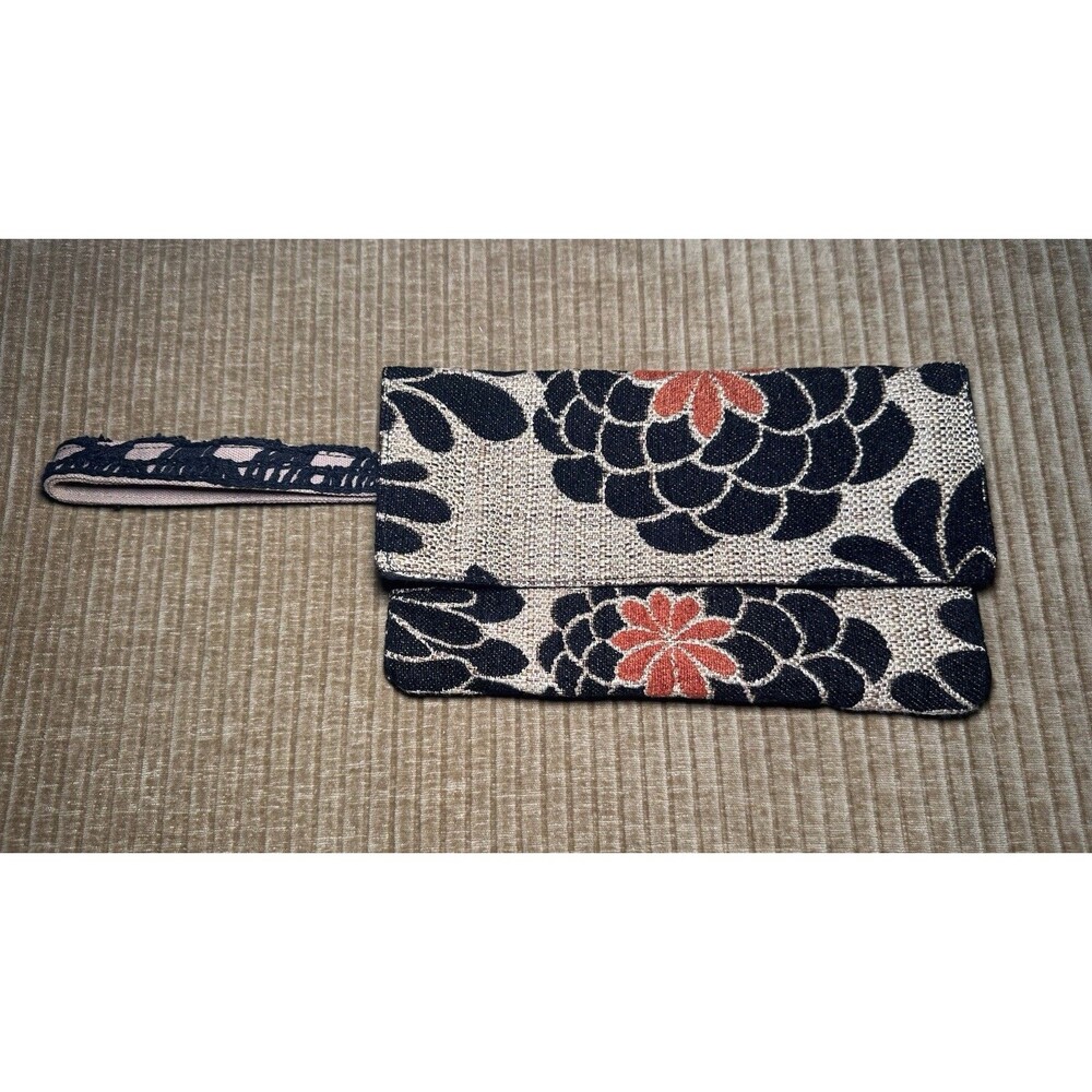 Vintage Saffron Orange Coral Black Tan Floral Clutch Wristlet Woven Fabric Purse